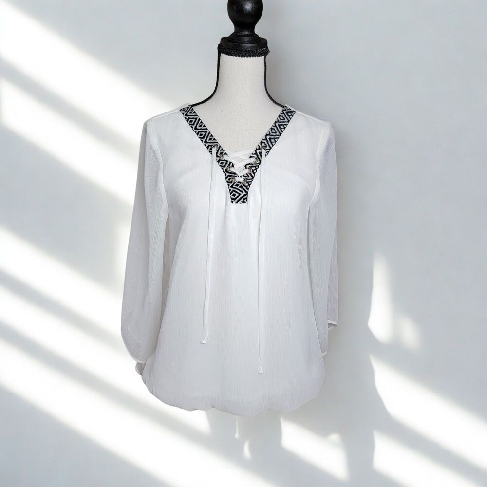 I.N. Studio Petite White Lace Up Aztec Trim Boho Layered Blouse Top Size Small